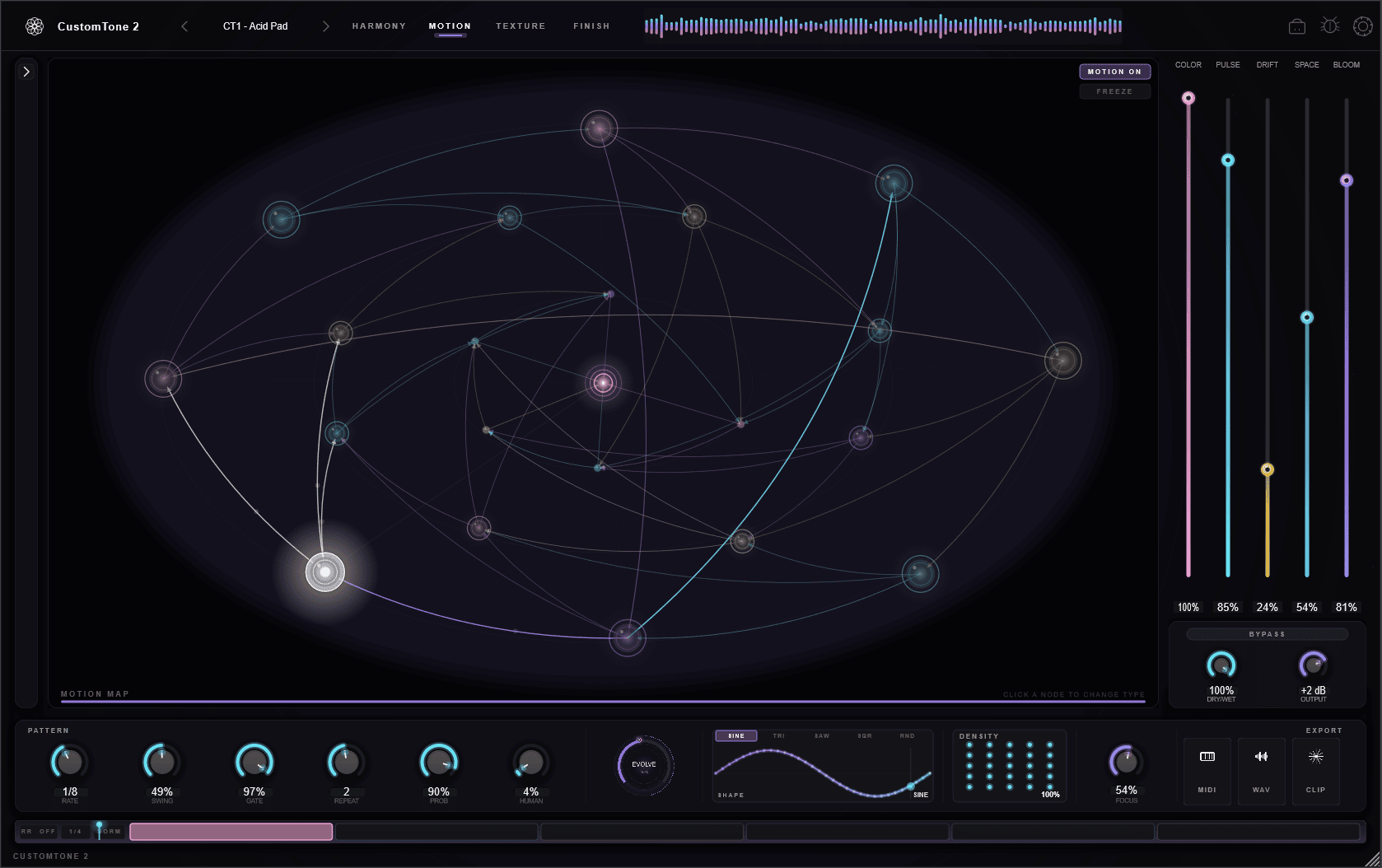 The Evolve button and Focus knob in the bottom toolbar of the Motion page, alongside the pattern, LFO and density controls