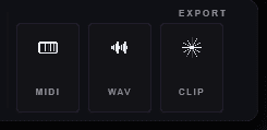 The Export controls: MIDI, WAV and Clip buttons