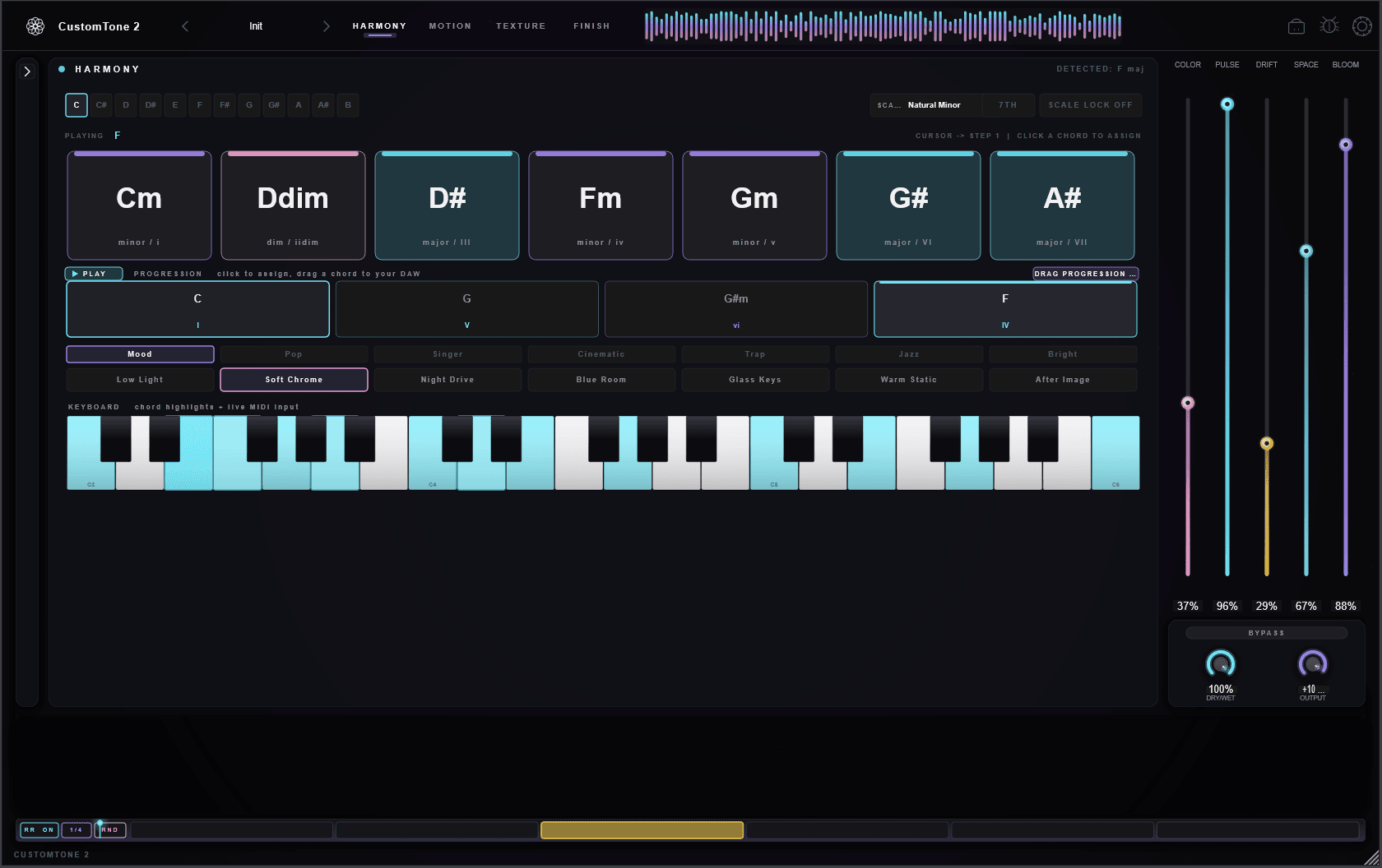 The Harmony page: key chips and scale at the top, the seven-card chord palette and eight-step progression in the middle, moods and the progression library below
