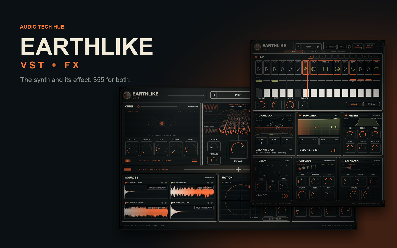 EARTHLIKE VST + FX Set by Audio Tech Hub: the morphing synth and its loop-flipping effect, VST3 / AU