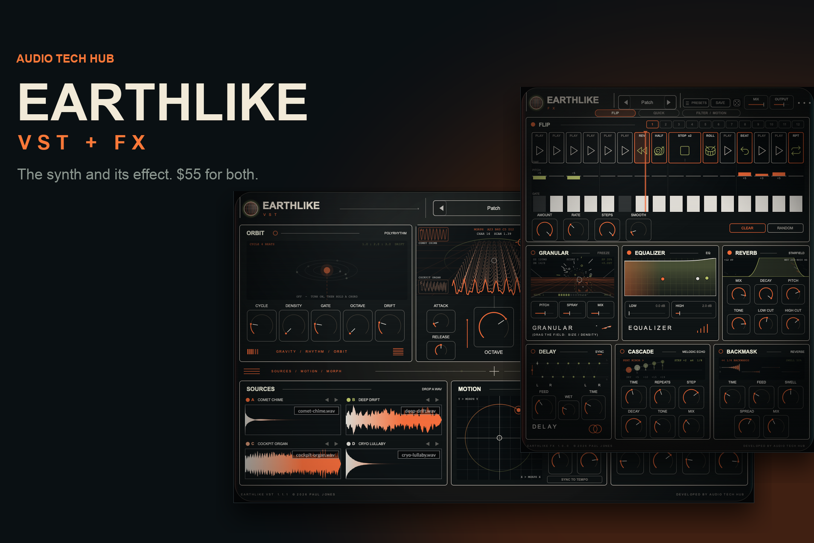 EARTHLIKE VST + FX Set by Audio Tech Hub: the morphing synth and its loop-flipping effect, VST3 / AU
