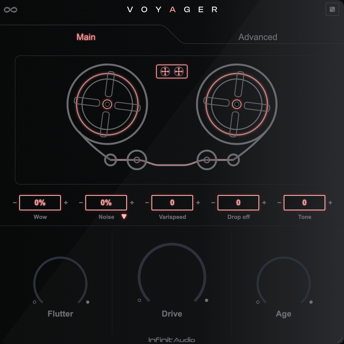 Voyager by Infinit Audio, the main page with tape reels, Wow, Noise, Varispeed, Drop off, Tone, Flutter, Drive and Age