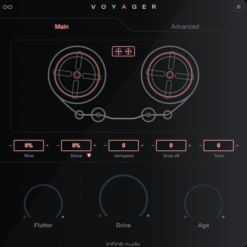Voyager by Infinit Audio, the main page with tape reels, Wow, Noise, Varispeed, Drop off, Tone, Flutter, Drive and Age
