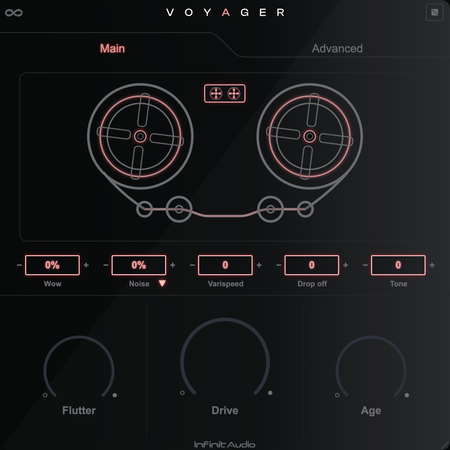 Voyager by Infinit Audio, the main page with tape reels, Wow, Noise, Varispeed, Drop off, Tone, Flutter, Drive and Age