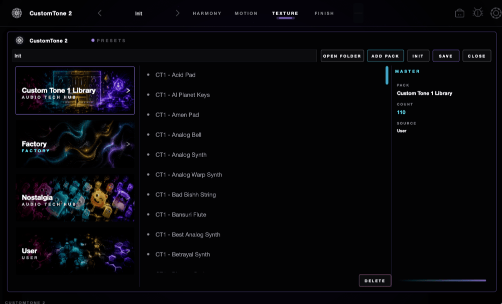 Custom Tone 1 Library shown in the CustomTone 2 preset browser