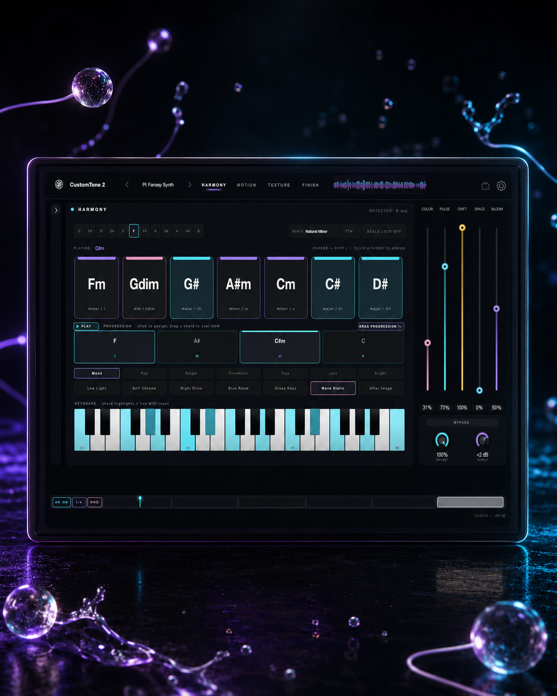 CustomTone 2 Harmony page — chord progression, scale lock, mood presets, and live MIDI keyboard