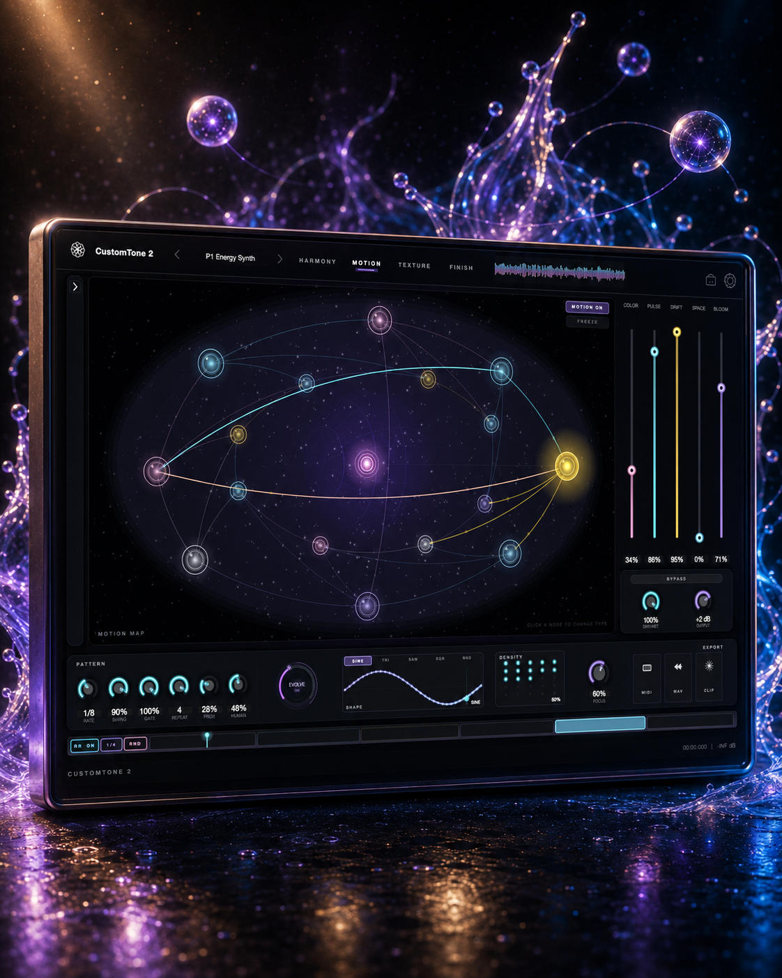 CustomTone 2 Motion Map page — eight luminous nodes orbiting a central hub with macro controls