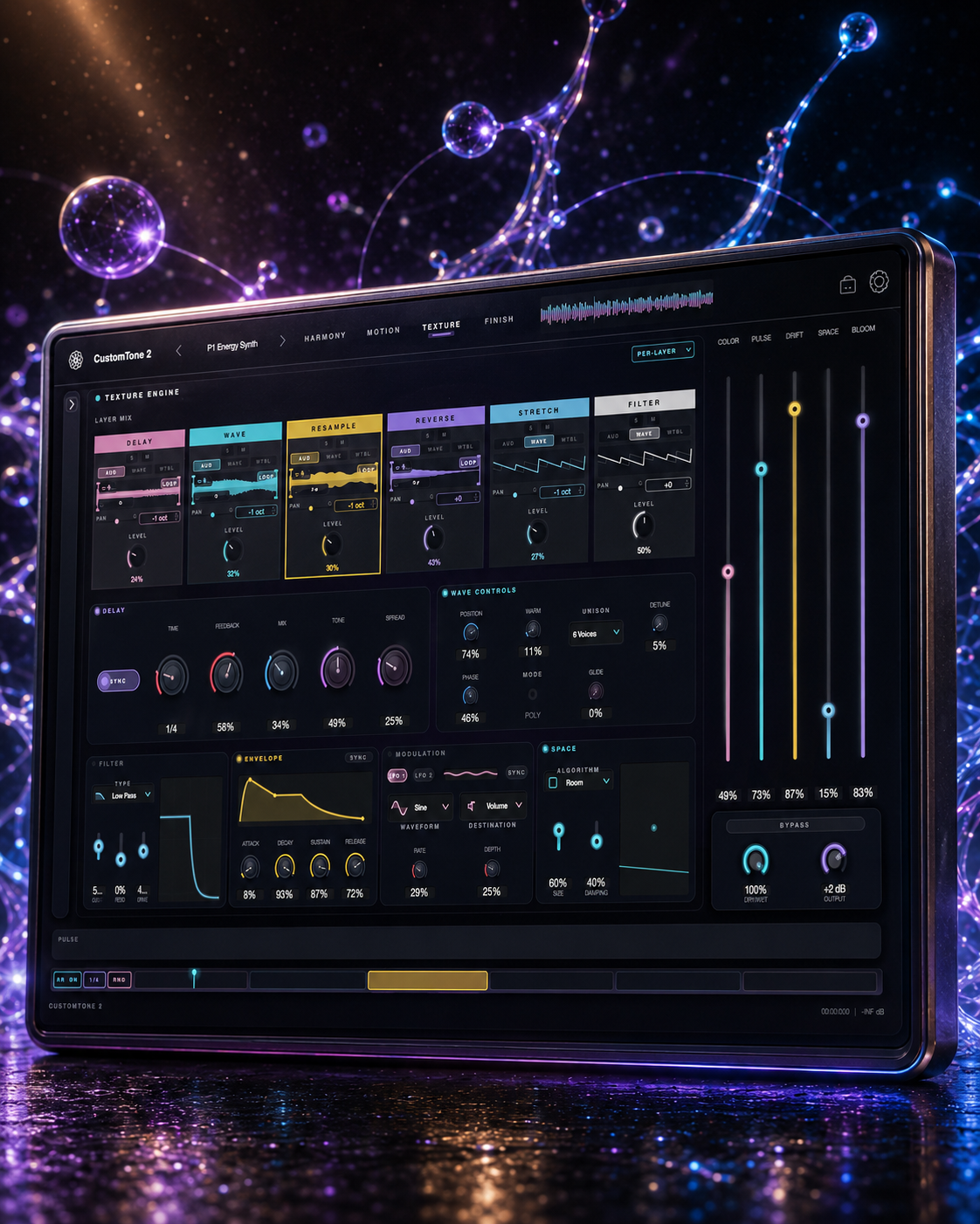CustomTone 2 Texture engine — six layer cards with waveform displays, level faders, and effect controls