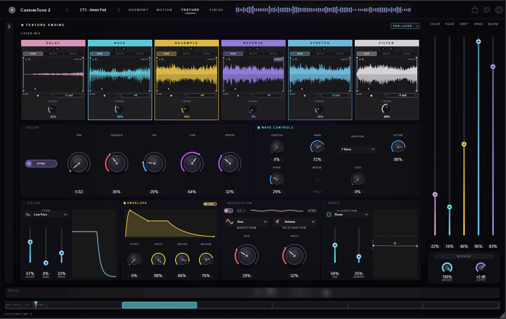 CustomTone 2 full plugin window on the Texture page, with the Harmony, Motion, Texture and Finish tabs across the top