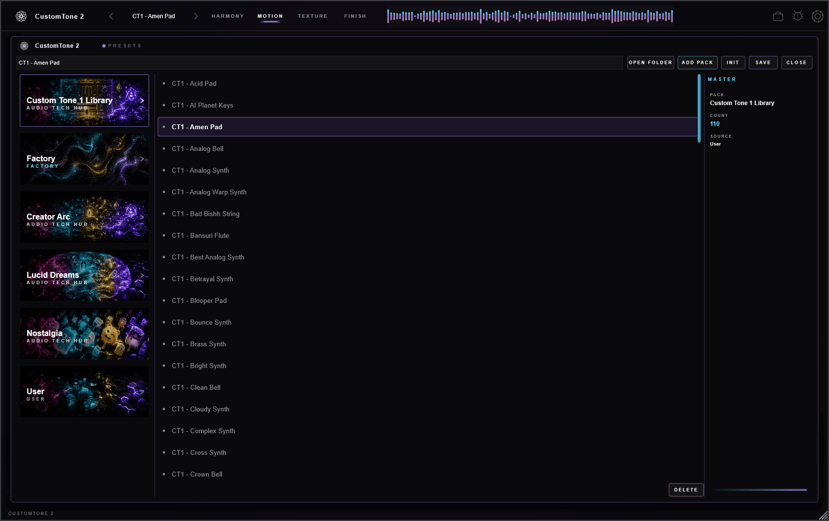 The full preset browser: category list on the left with the Custom Tone 1 Library pinned at the top, the preset list in the center, and an info panel on the right