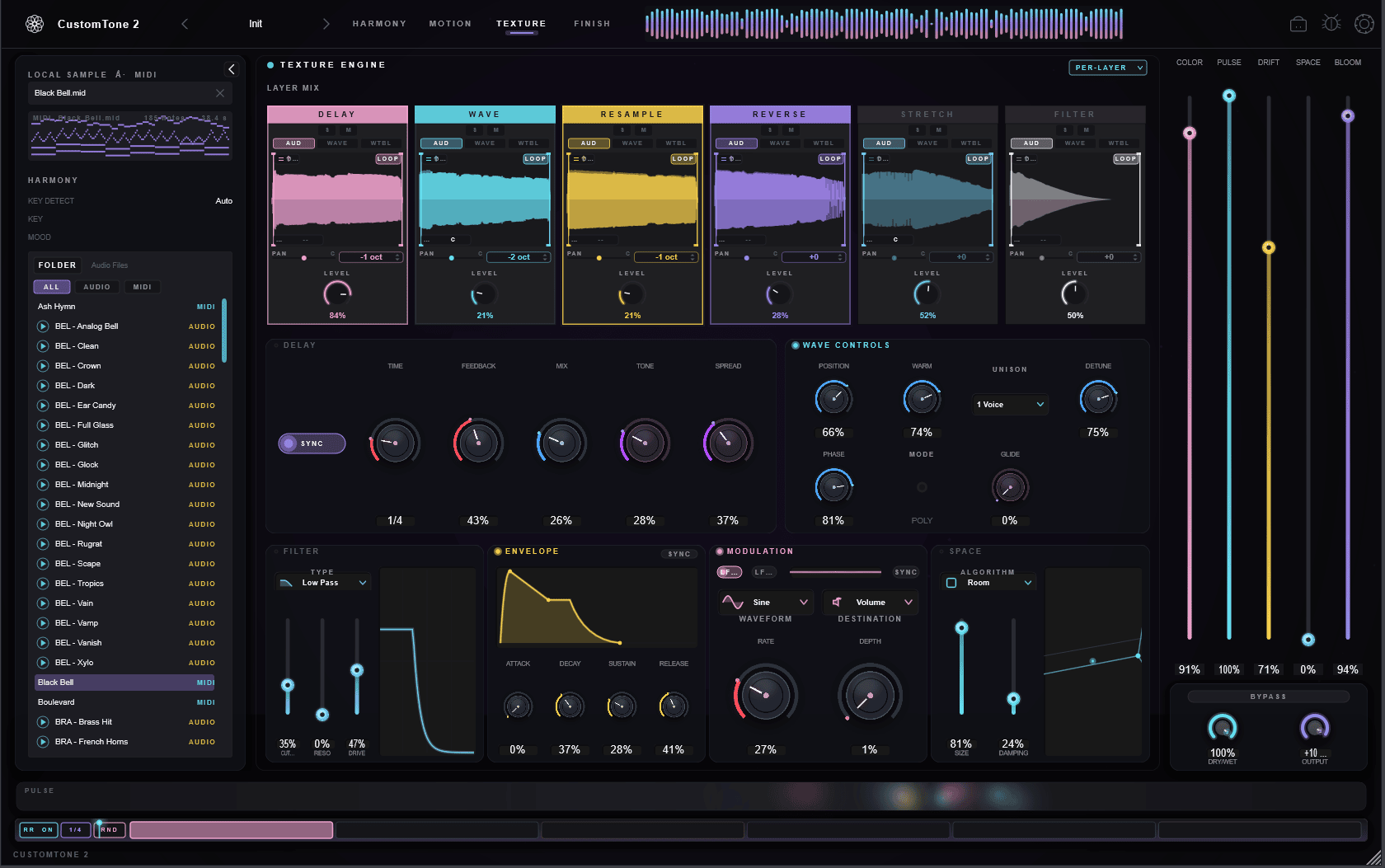 The collapsible Source panel open on the left — a loaded sample with key and mood detection and an audio/MIDI file browser — beside the main page