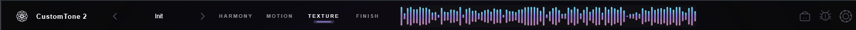 The CustomTone 2 top bar: logo and preset name on the left, the four page tabs and output meter in the center, utility icons on the right