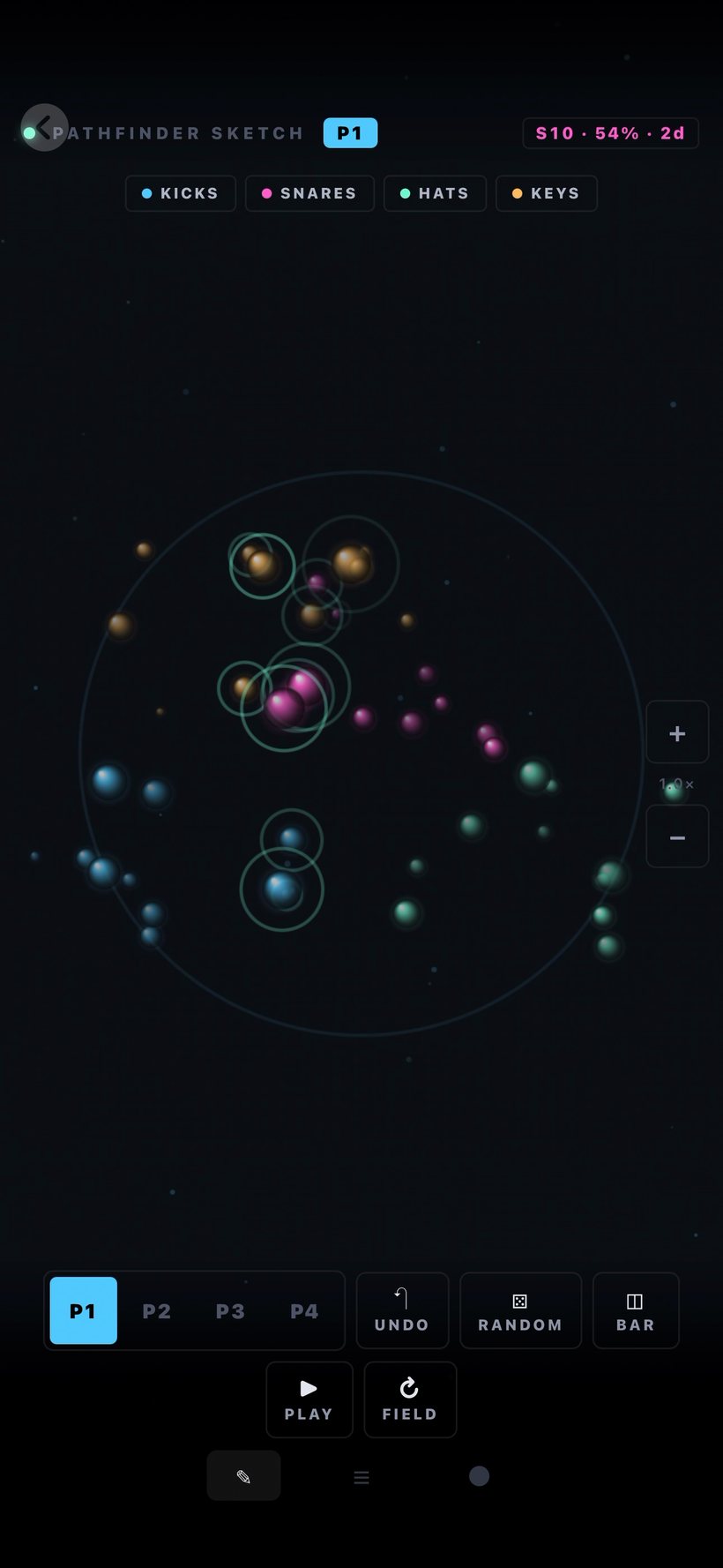 Pathfinder Sketch — the sphere field on iPhone, sorted into kicks, snares, hats and keys